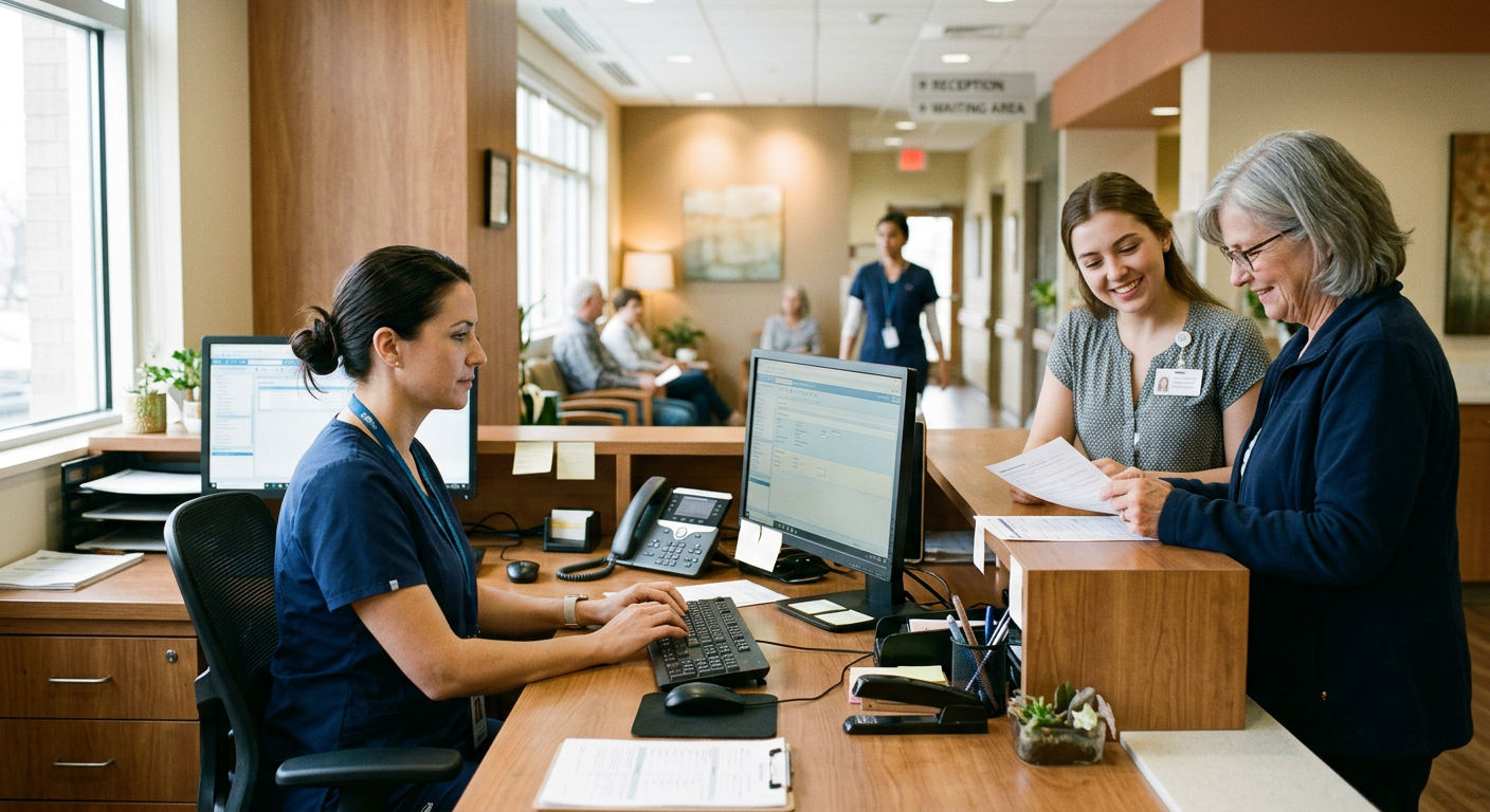 Medical staff manage administrative tasks and prior authorizations through digital interfaces.