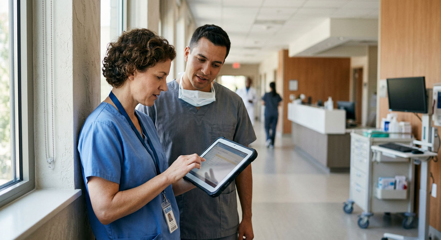 A clinical tablet displaying diagnostic software and patient metrics.