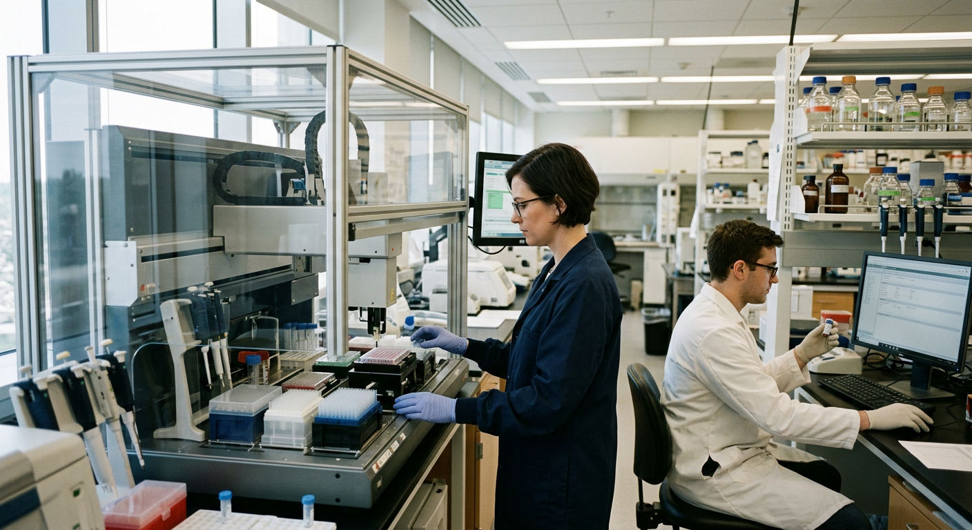 An automated pipetting system processes fluid samples under the supervision of laboratory technicians.