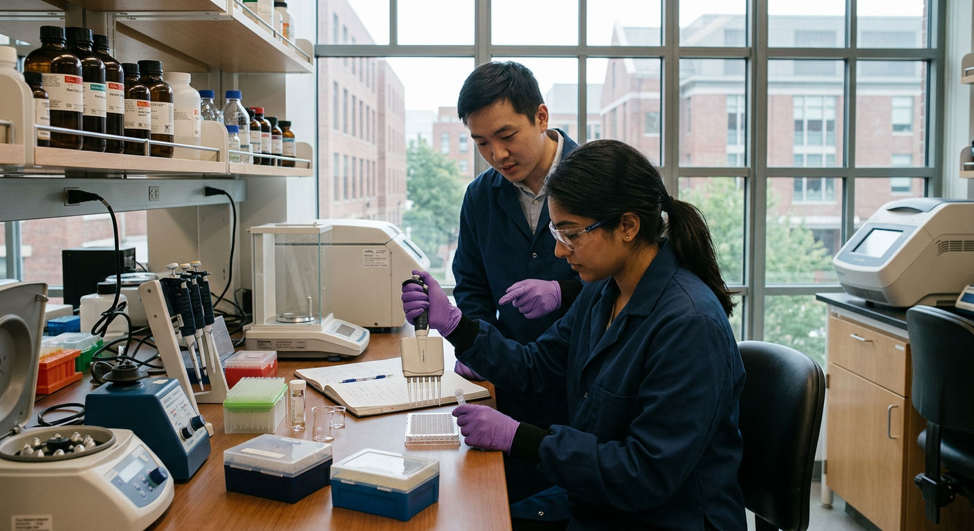 Researchers review assay results on digital screens next to physical testing equipment.