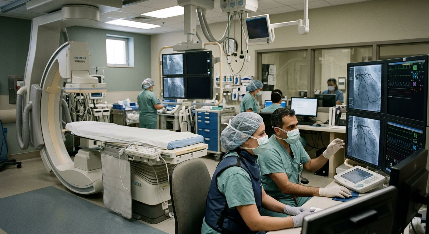 A sterile cardiac catheterization suite prepared for an advanced coronary angioplasty procedure.