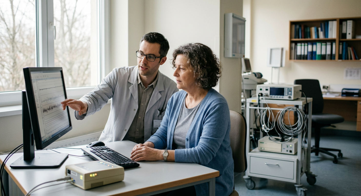 A patient interacts with a smartphone application during a clinical evaluation.