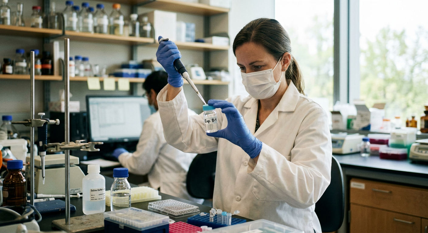 A glass vial of the approved immunotherapy medication sits in a hospital pharmacy.