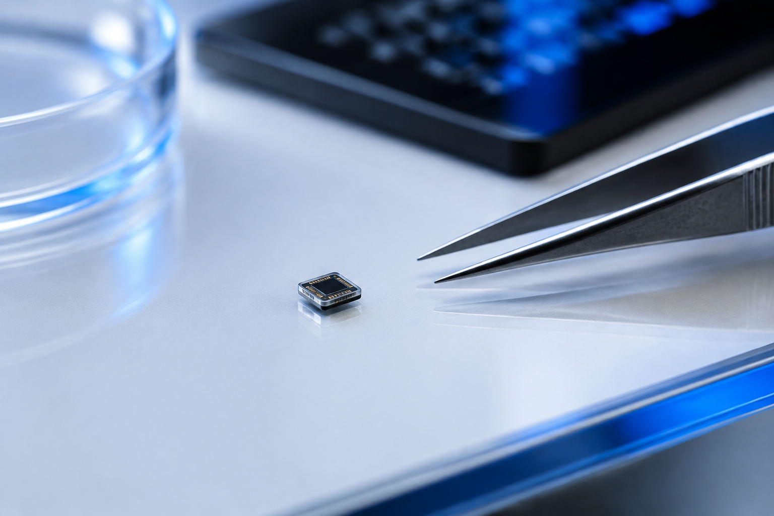 PRIMA's wireless subretinal chip is about two millimetres wide and is powered by near-infrared light from the glasses.