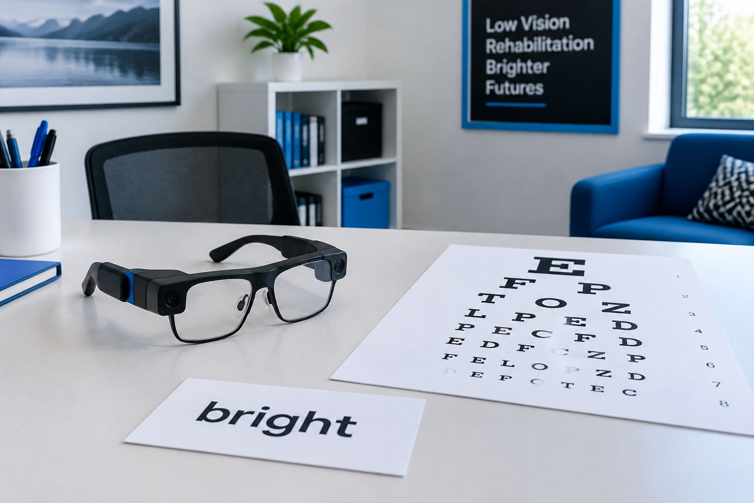 Camera-equipped glasses and structured reading practice are central to how patients learn to use the PRIMA system.