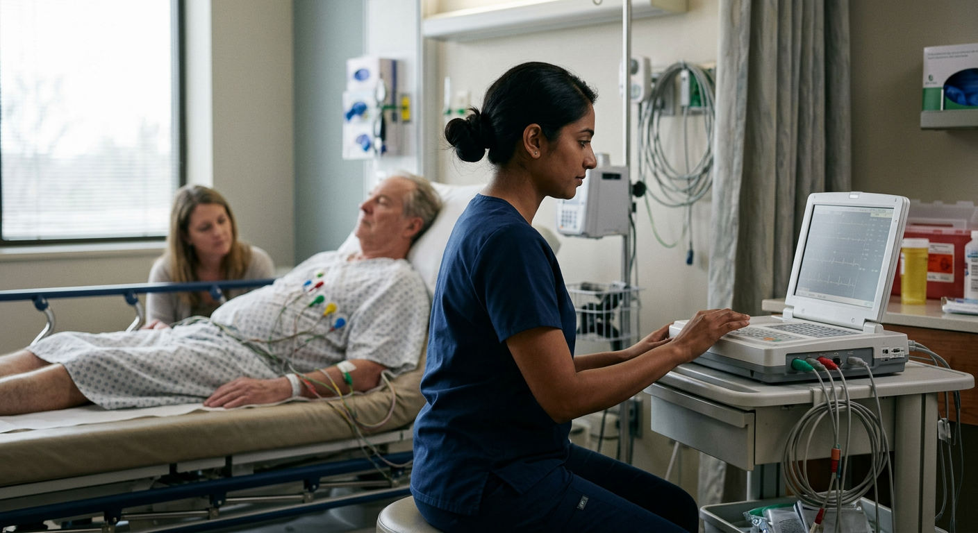 A clinician performs a standard 12 lead electrocardiogram on an adult patient in a medical facility.