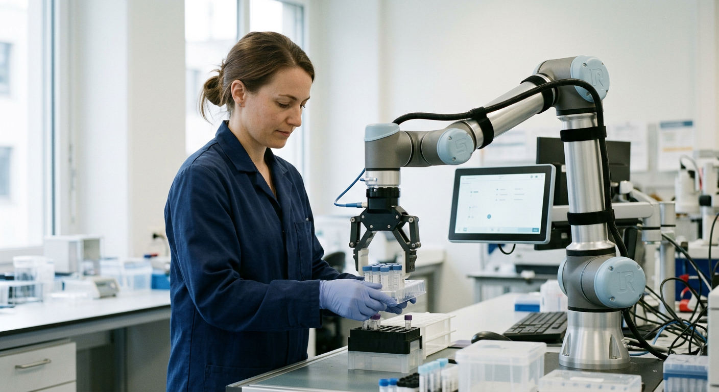 A standardized robotic pod performs sterile liquid handling inside a cleanroom environment.