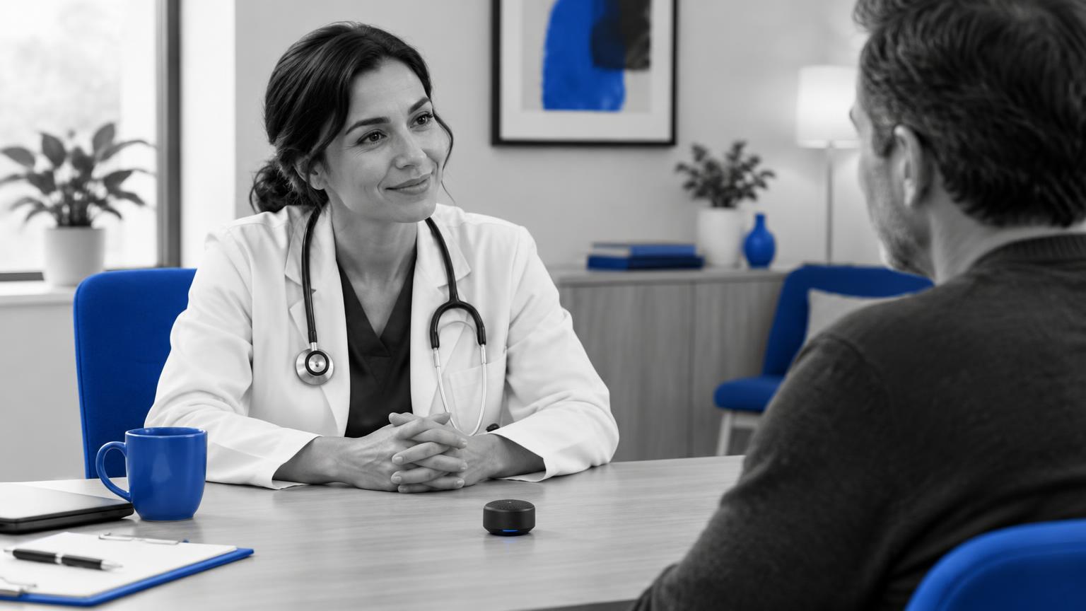 A physician talking with a patient while a small discreet microphone device sits on the desk. AI-generated editorial illustration.
