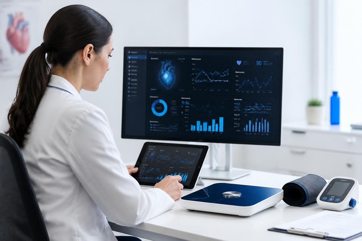 A clinician reviews remote cardiovascular measurements in an AI-assisted monitoring workflow.
