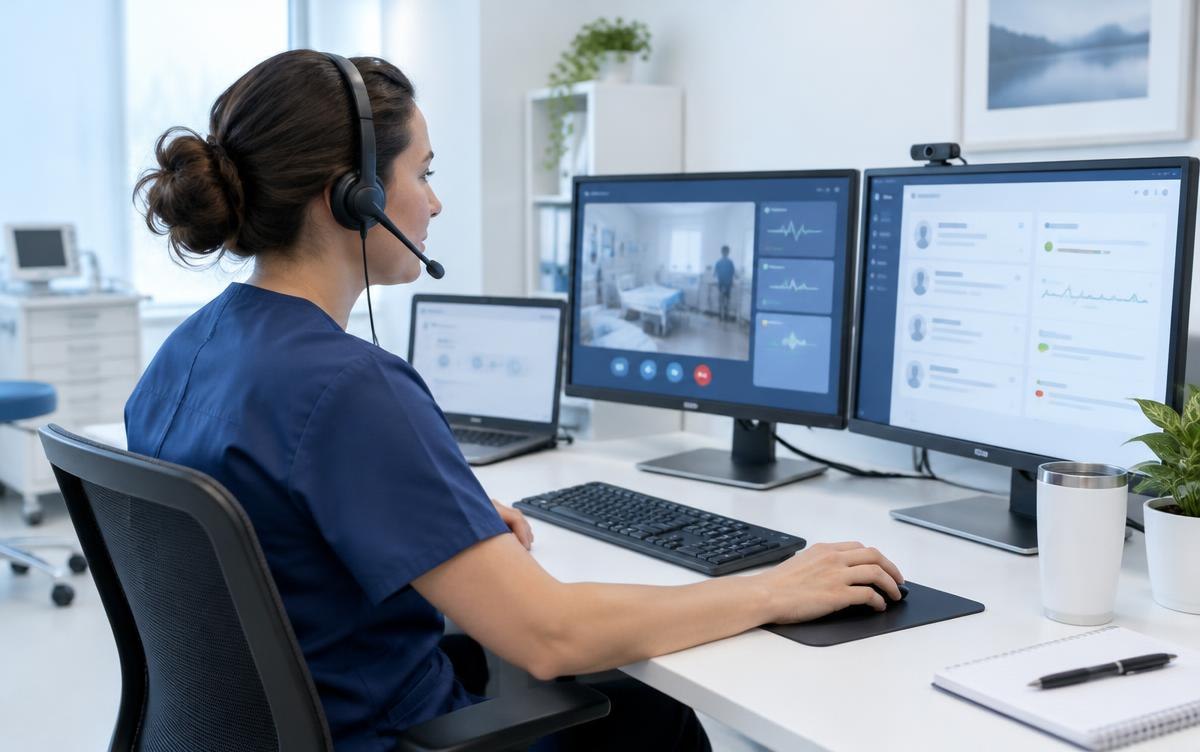 A nurse wearing a headset reviews screens at a remote-care workstation. AI-generated editorial illustration, not an actual company deployment.