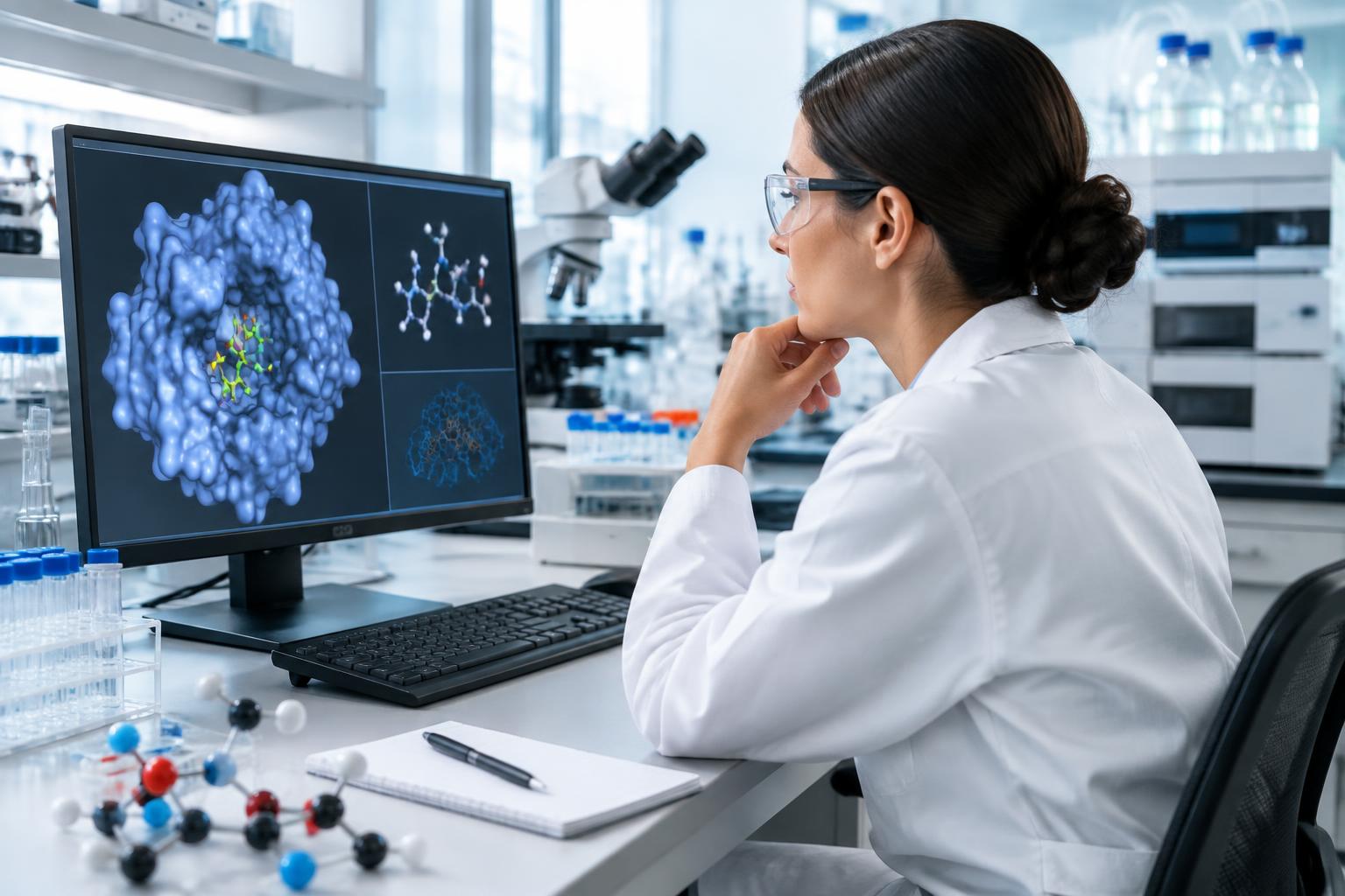 A scientist reviews molecular structure imagery in a bright research laboratory.