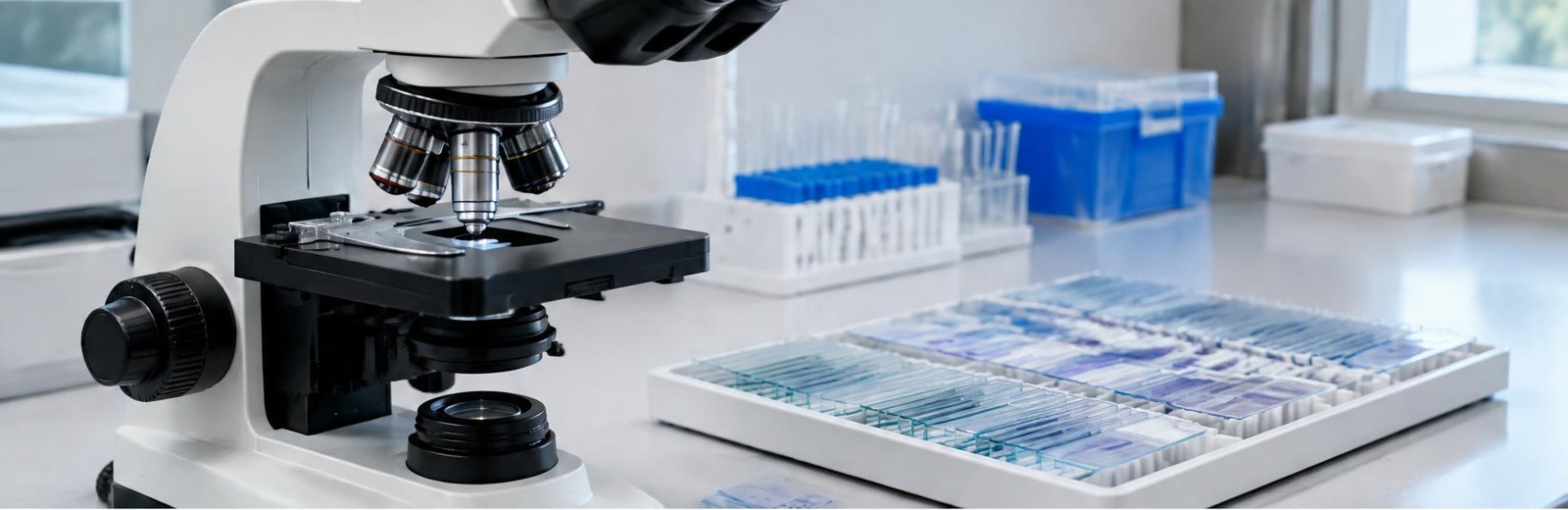 A microscope and prepared glass slides on a pathology laboratory bench. AI-generated editorial illustration.