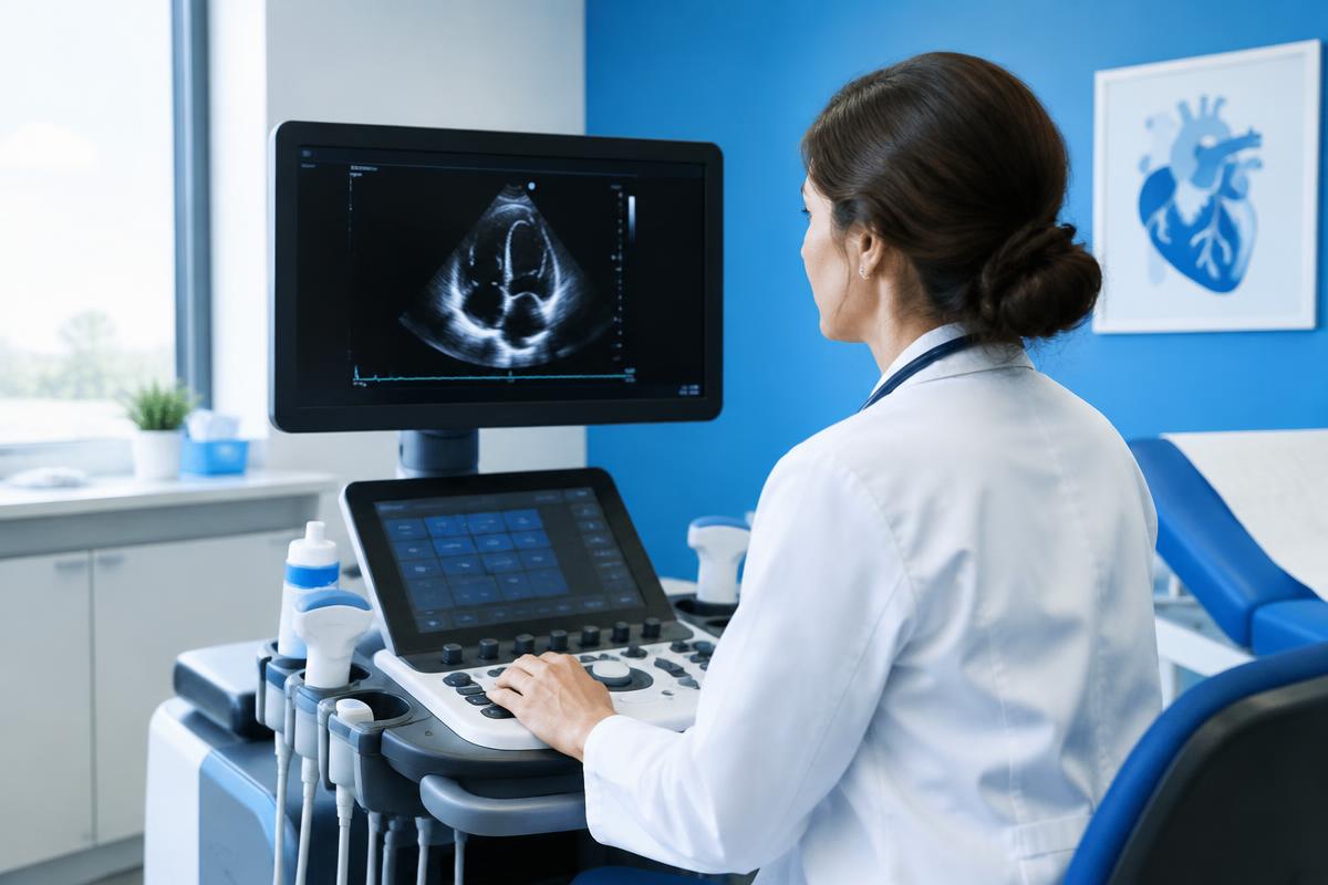 A cardiologist reviews an echocardiogram in a clinical suite.