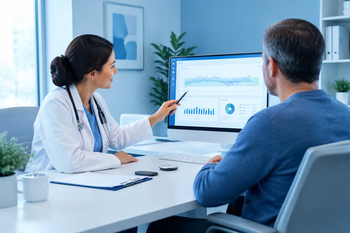 An endocrinologist reviews glucose trend charts with a patient.