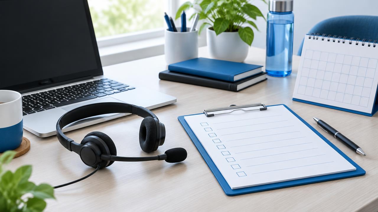 A headset, laptop, blank checklist and calendar are arranged on a tidy desk. AI-generated editorial illustration of patient-advocacy work, not Baba's software.