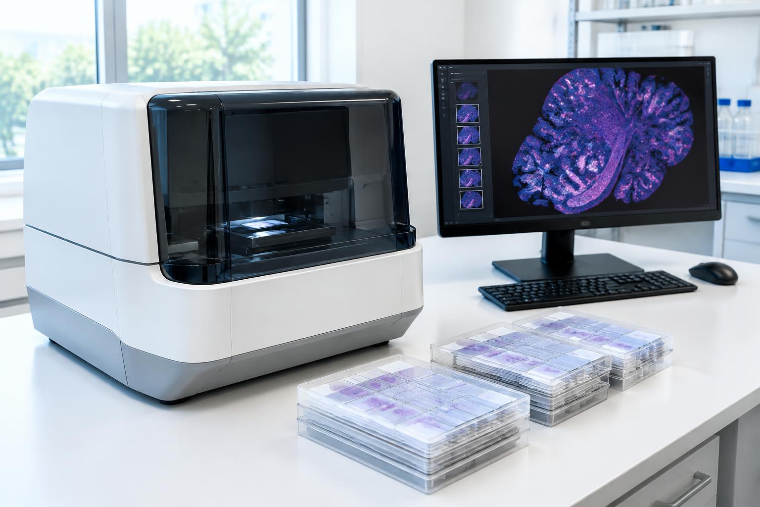 A laboratory slide scanner sits beside slide trays and a monitor showing a stylized microscopy image. AI-generated editorial illustration, not BioStack equipment or a partner laboratory.