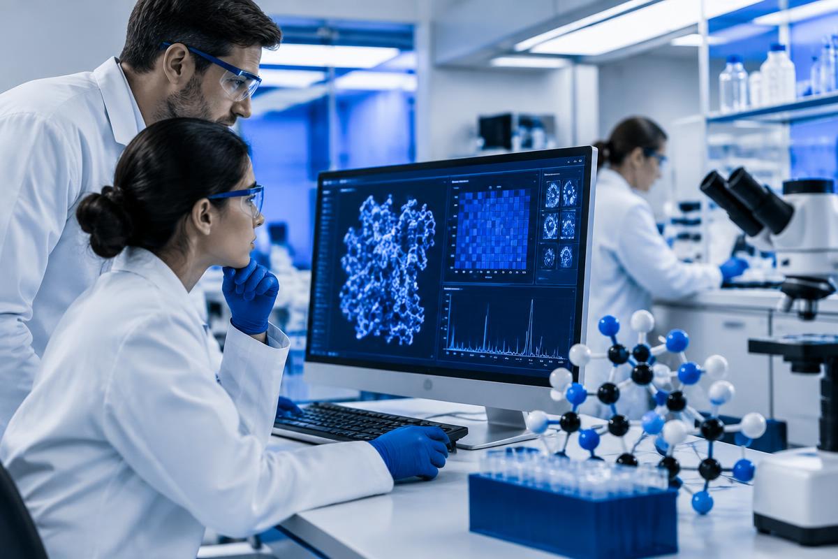 Oncology researchers review molecular analysis on a laboratory screen.