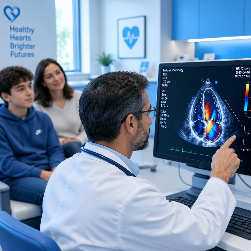 A cardiologist reviews a pediatric echocardiogram with a teenage patient and parent in a bright cardiology clinic.