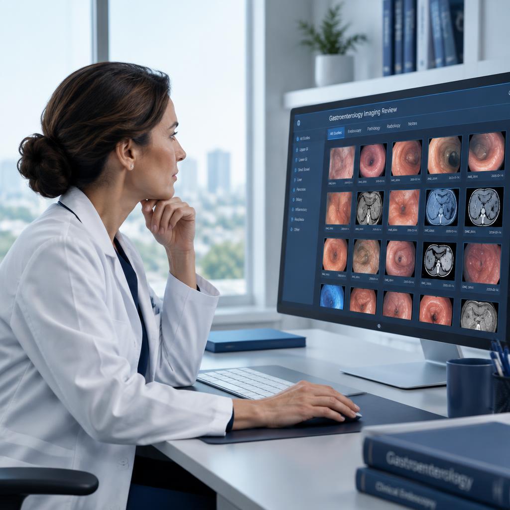 A gastroenterologist reviews a gallery of prioritized imaging thumbnails on a large monitor in a bright reading room.