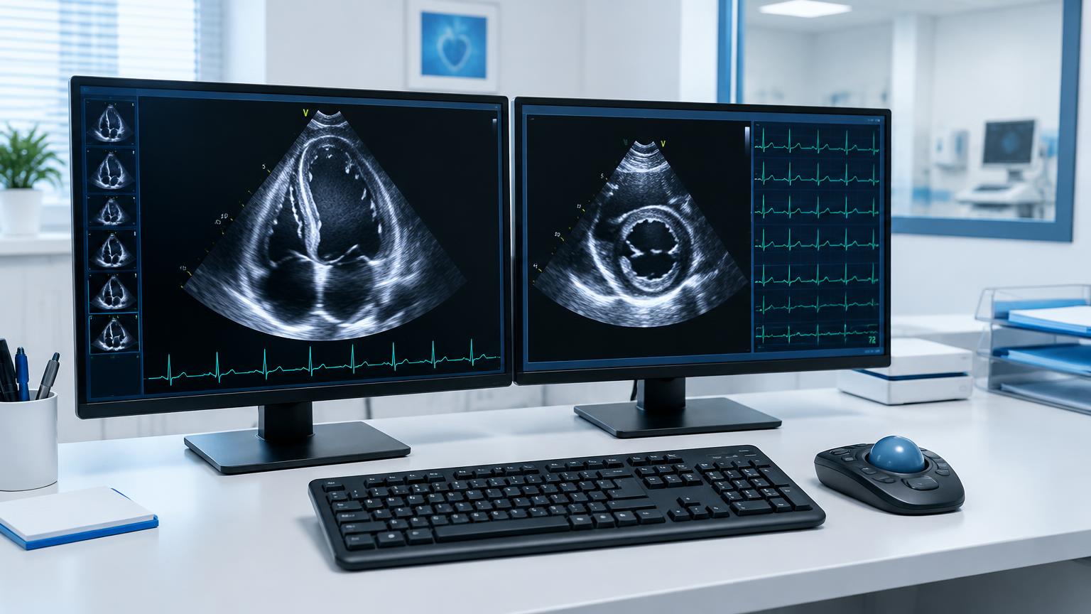 Two monitors display illustrative echocardiography images and ECG traces at an unoccupied cardiology workstation. AI-generated editorial image.