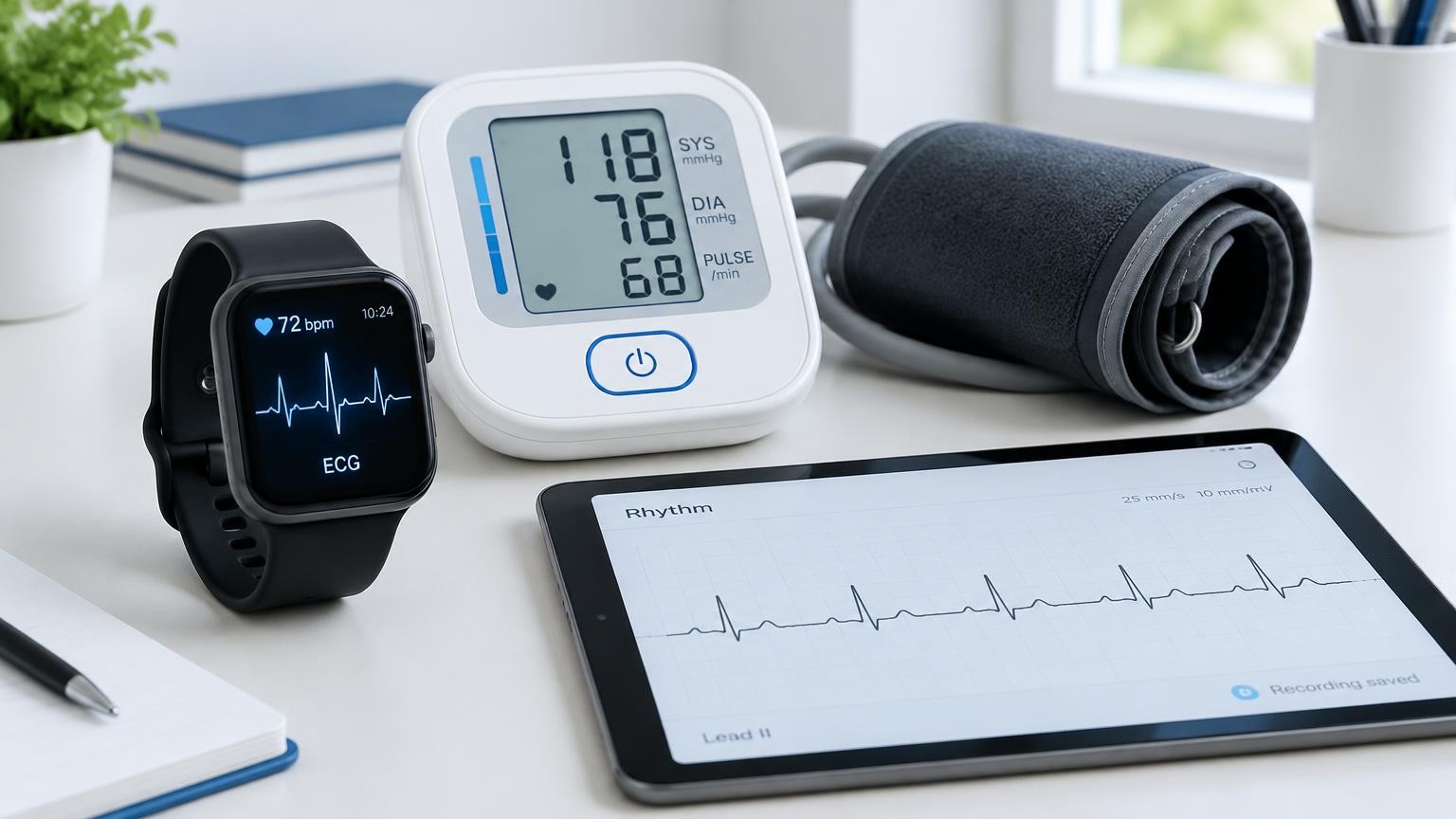 A smartwatch, blood pressure monitor, cuff and tablet illustrate connected cardiovascular monitoring equipment on a clinic desk. AI-generated editorial image.
