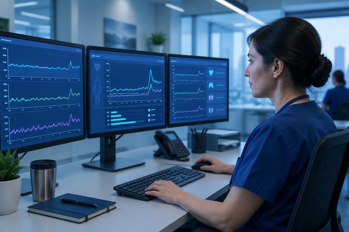 A heart failure nurse reviews pressure trends at a remote monitoring workstation.
