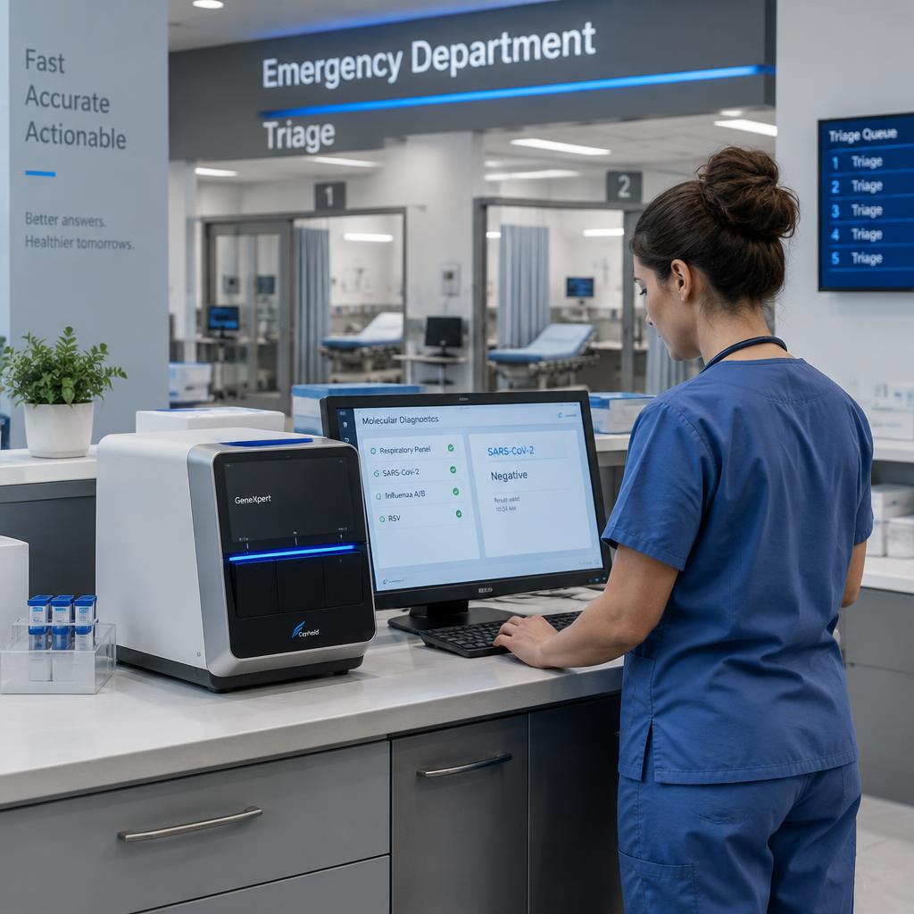 A clinician reviews molecular diagnostic results on a screen beside a compact analyzer in an emergency department triage area.