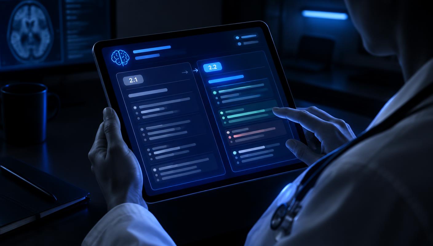 A clinician's hands holding a tablet that compares two versions of a clinical AI tool side by side. AI-generated editorial illustration.