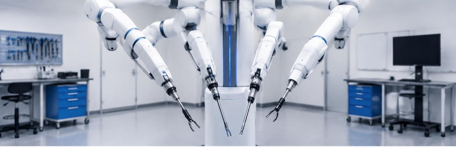 Articulated robot arms stand in an empty training laboratory. AI-generated editorial illustration of robotic equipment, not a Versius product photograph.