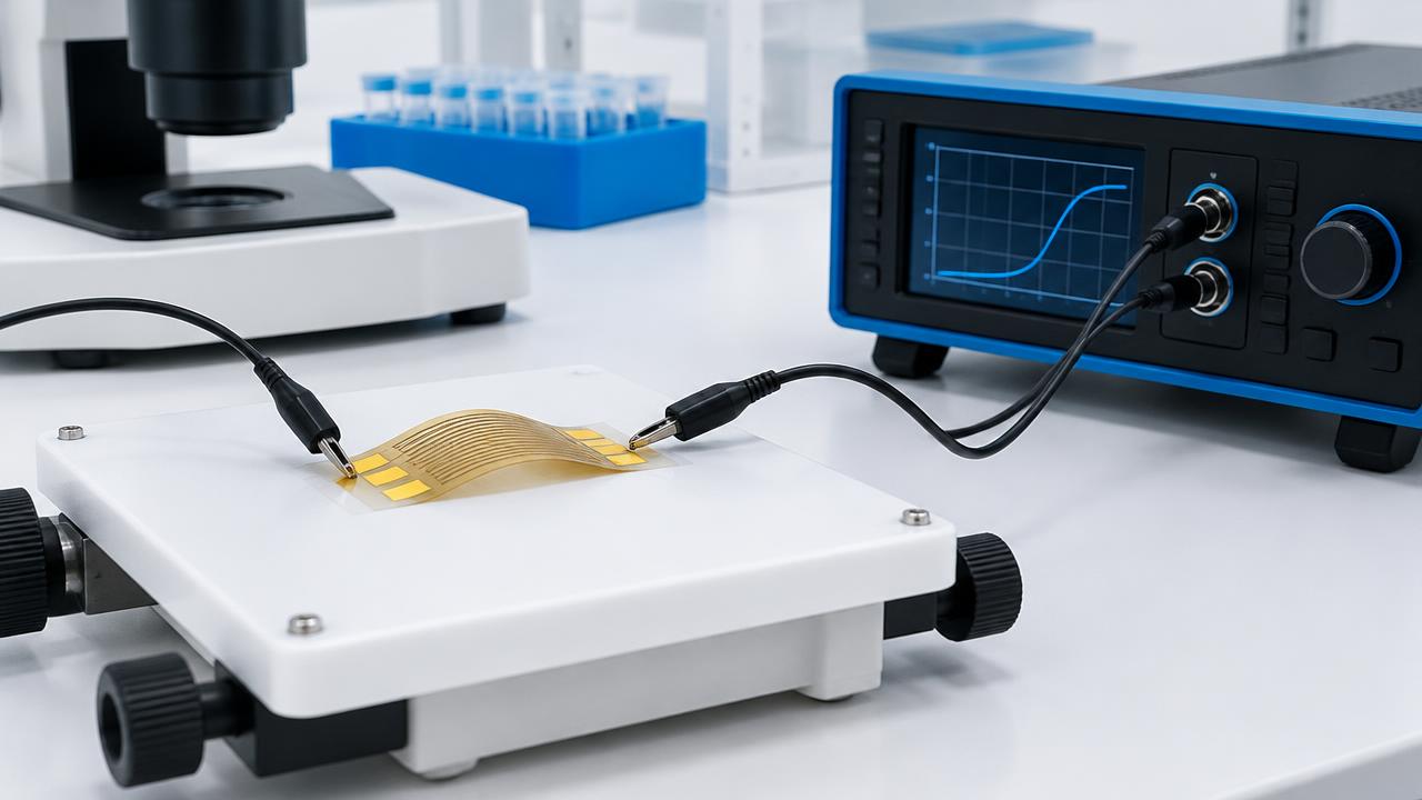 A flexible electrode film sits on a testing stage beside electrical measurement equipment. AI-generated editorial illustration, not a CIPHER product photograph.