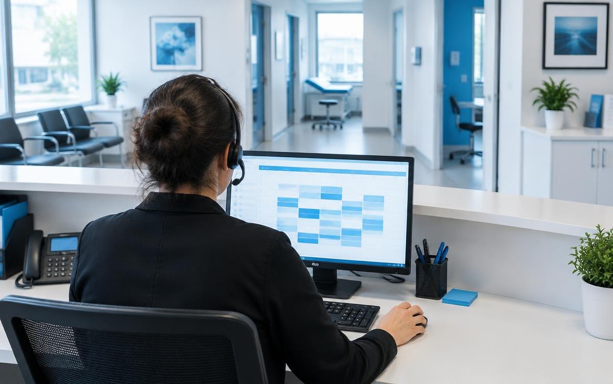 A reception worker using a headset and an appointment schedule at a clinic desk. AI-generated editorial illustration.