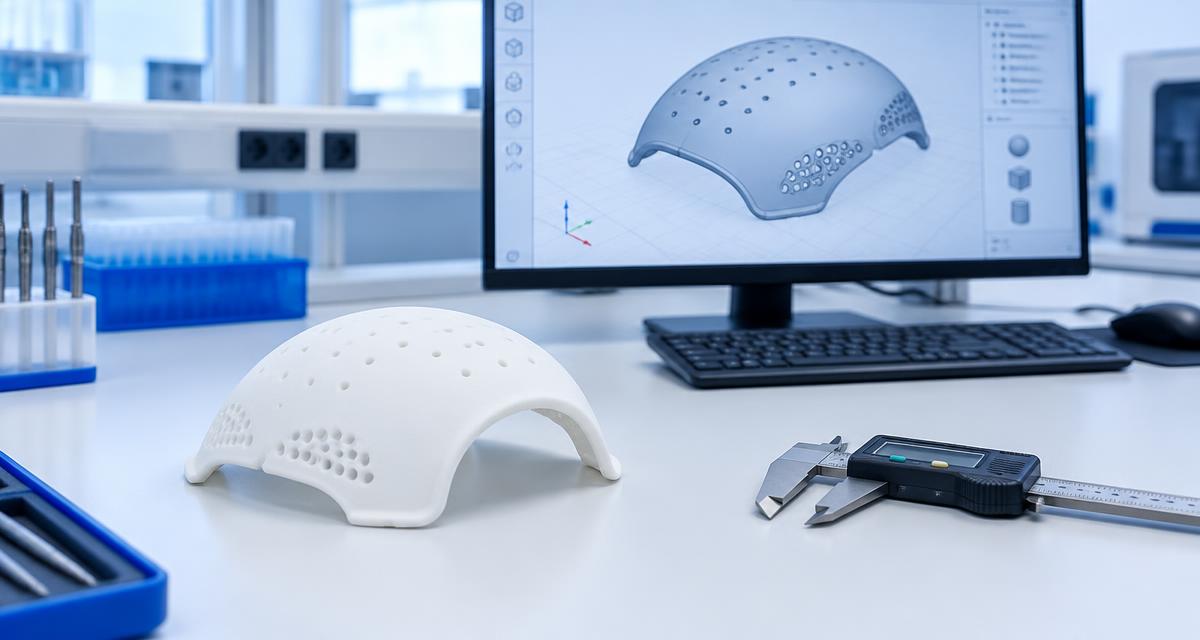 A white cranial implant engineering model beside digital calipers and a CAD workstation. AI-generated editorial illustration, not a photograph of NeuroPASS.