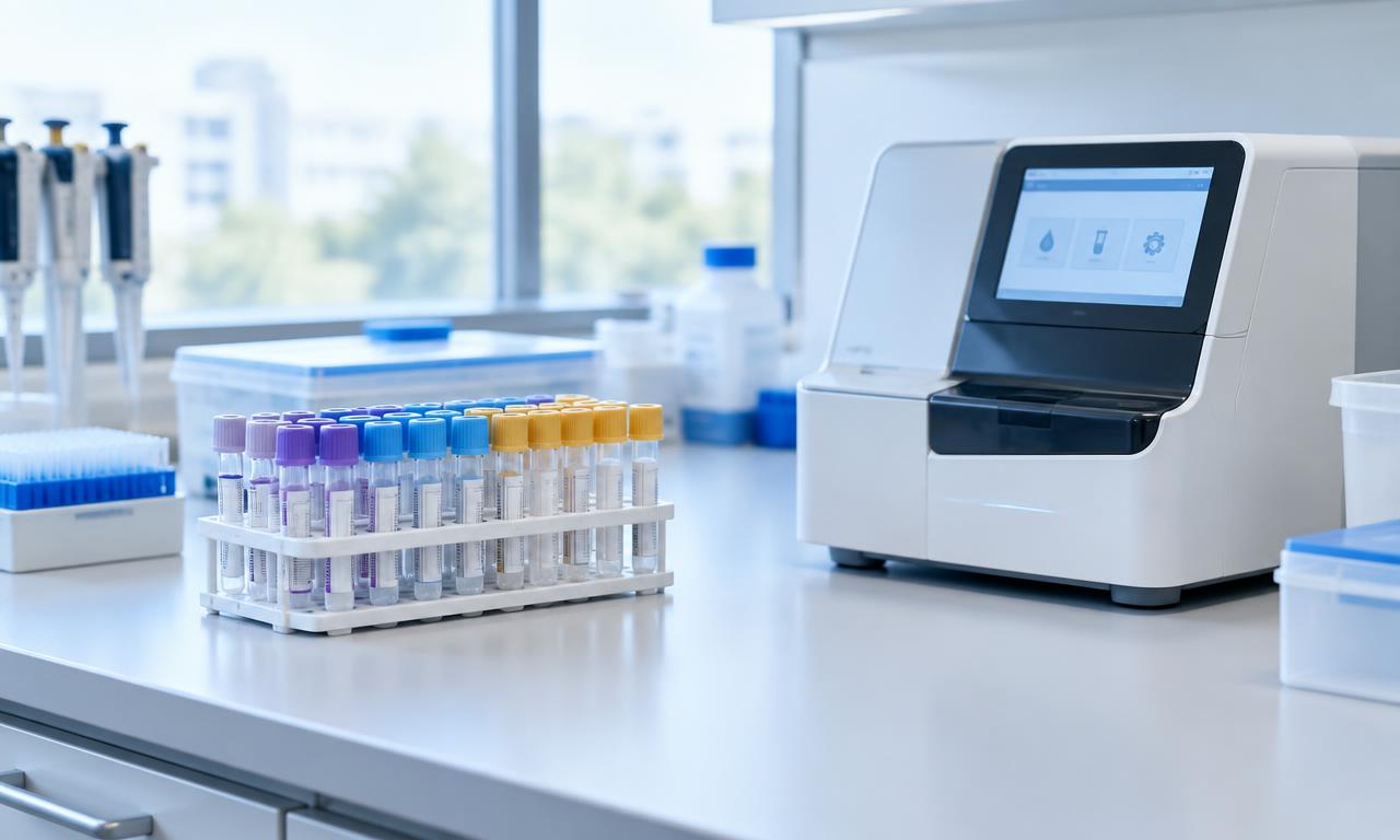 A clean hospital laboratory bench with sample tubes and an analyser in soft light. AI-generated editorial illustration.