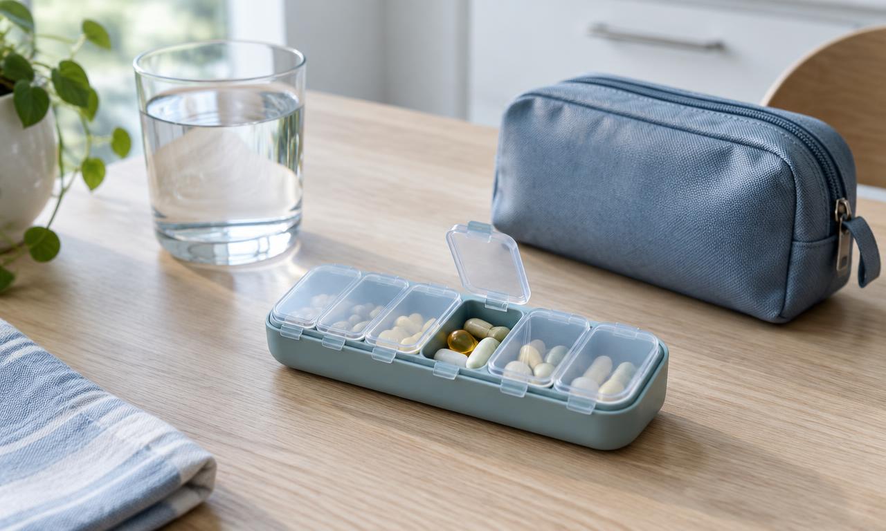 A calm kitchen table with a capsule organiser, a glass of water and a small travel pouch. AI-generated editorial illustration.