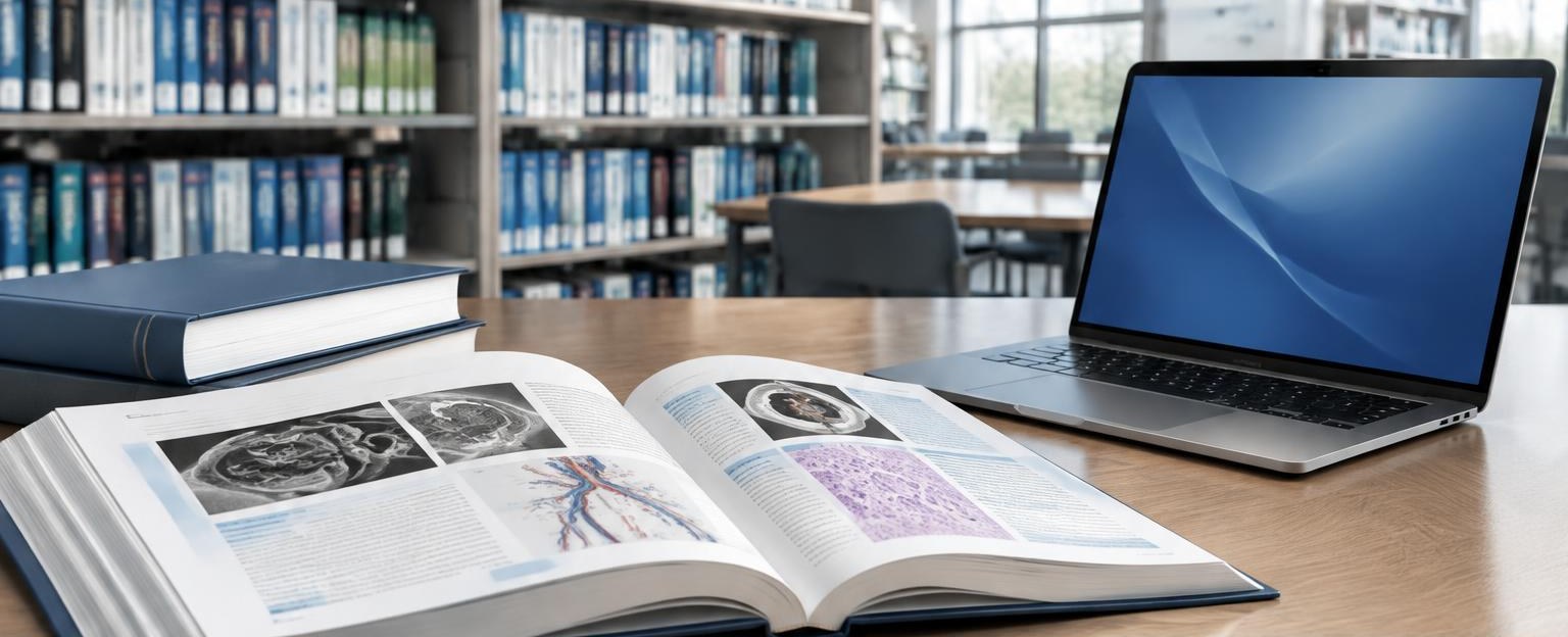 An open medical textbook and laptop sit on a library table. AI-generated editorial illustration, not UpToDate content or a Doximity product screenshot.