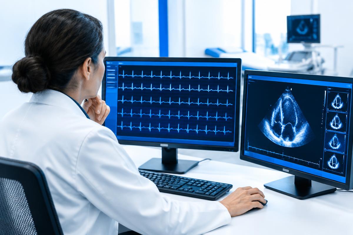 A clinician reviews ECG and echocardiography screens in a cardiology clinic.