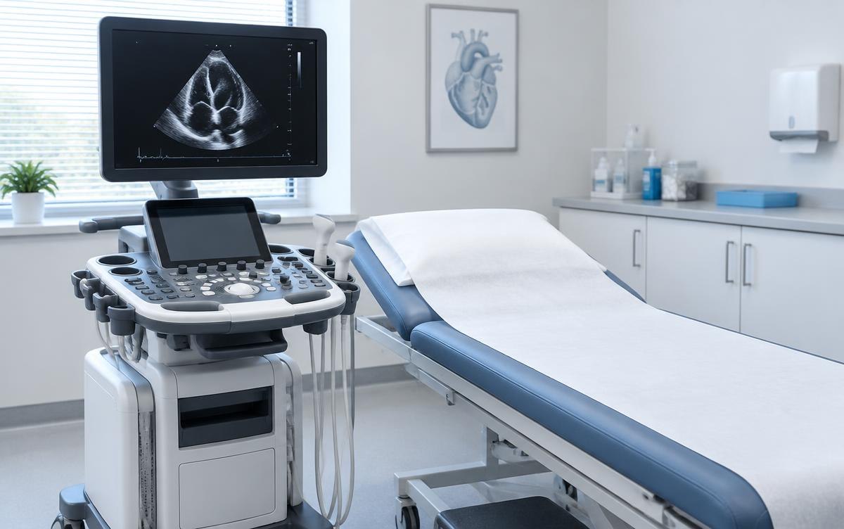 An echocardiography machine stands beside an examination bed in an empty clinic room. AI-generated editorial illustration, not an actual company deployment.