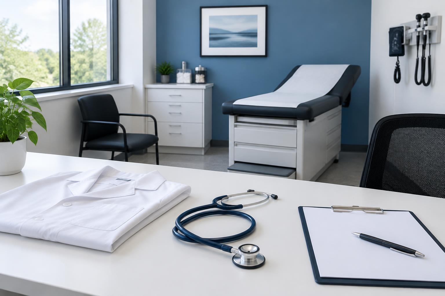 A stethoscope, folded white coat and clipboard sit on a desk in an empty examination room. AI-generated editorial illustration, not an Eko installation.