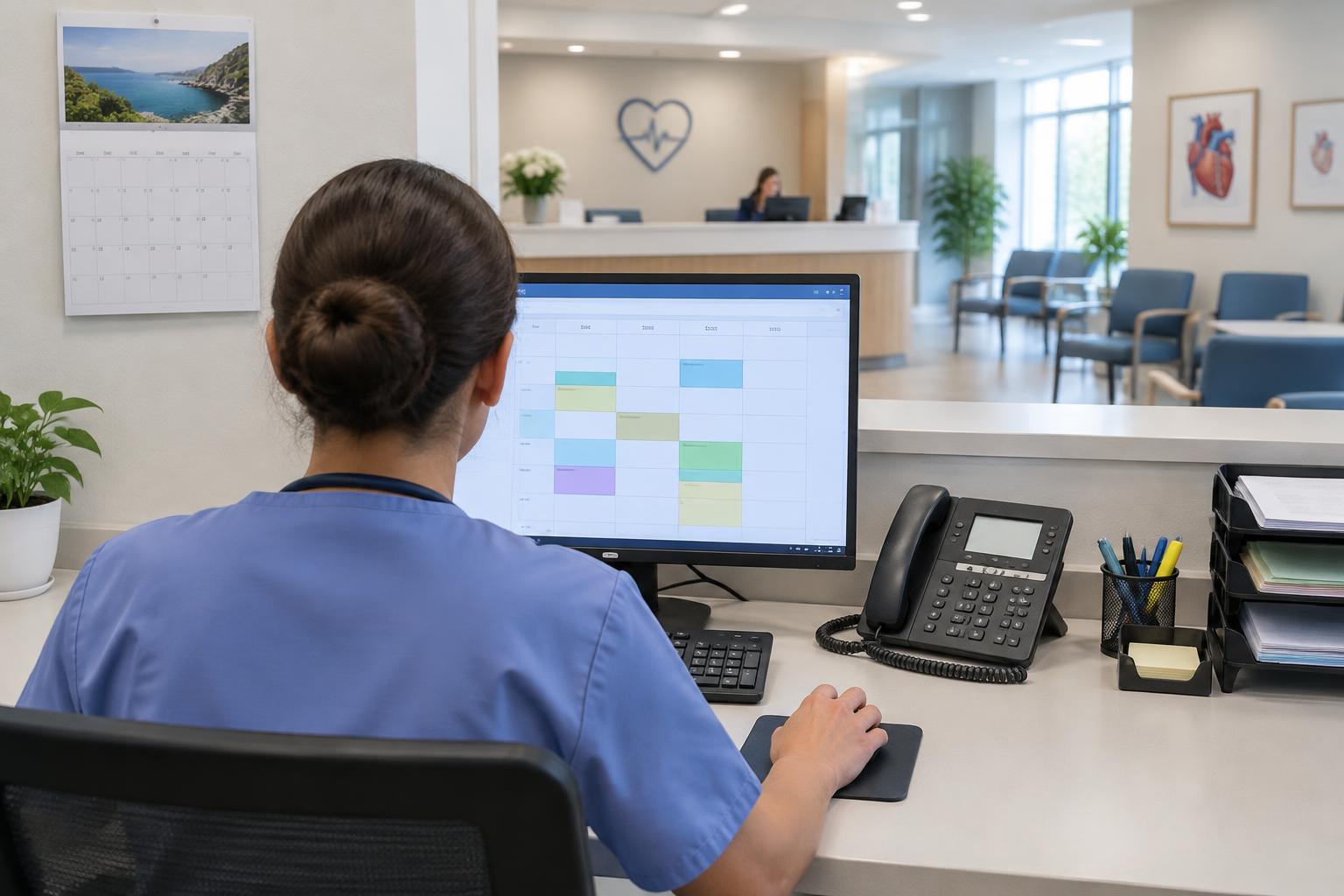 A clinician reviews appointment blocks at a cardiology scheduling workstation. AI-generated editorial illustration of referral coordination, not an Eko customer site.