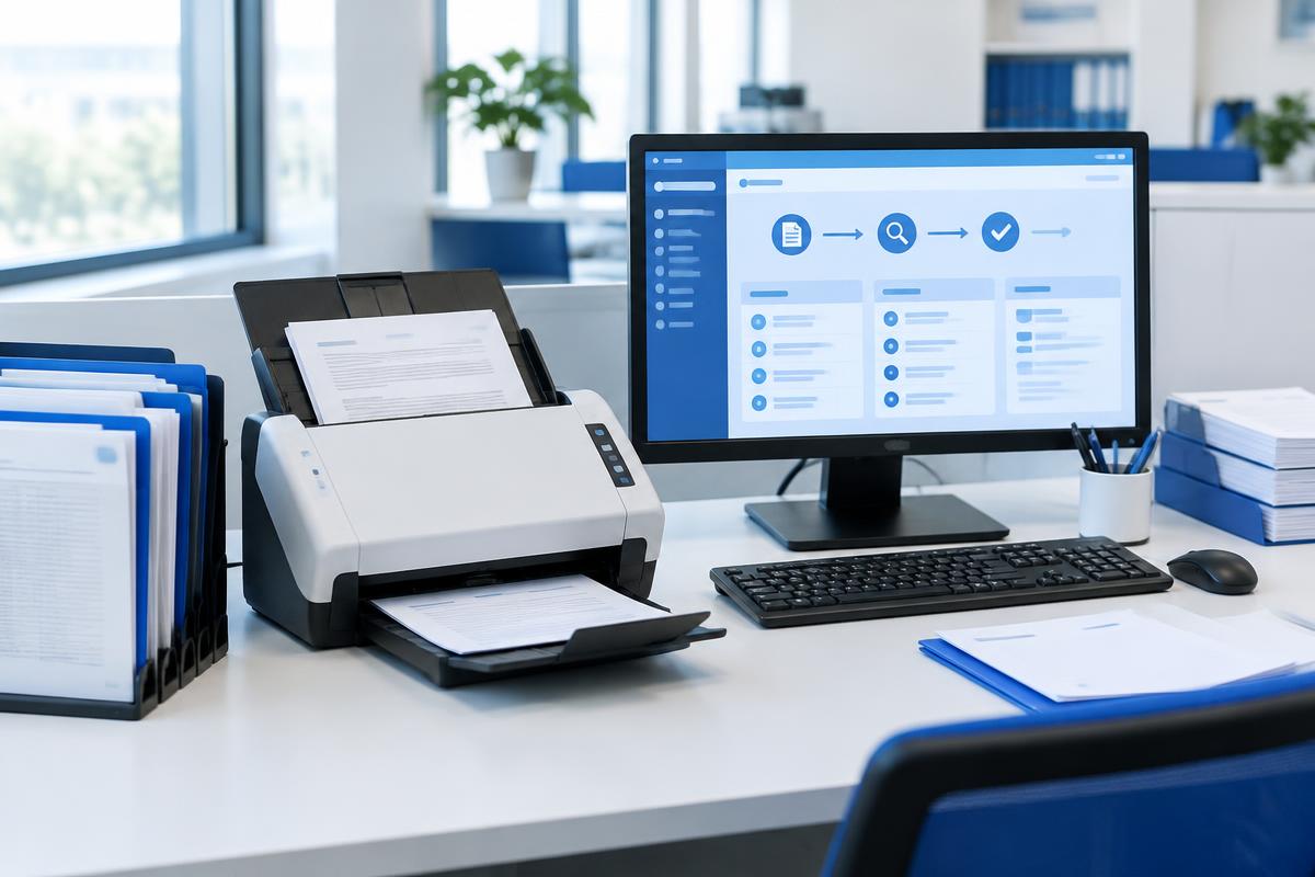 A document scanner, folders and workflow screen sit on an administrative desk. AI-generated editorial illustration, not Electra software or a ClarityCare office.