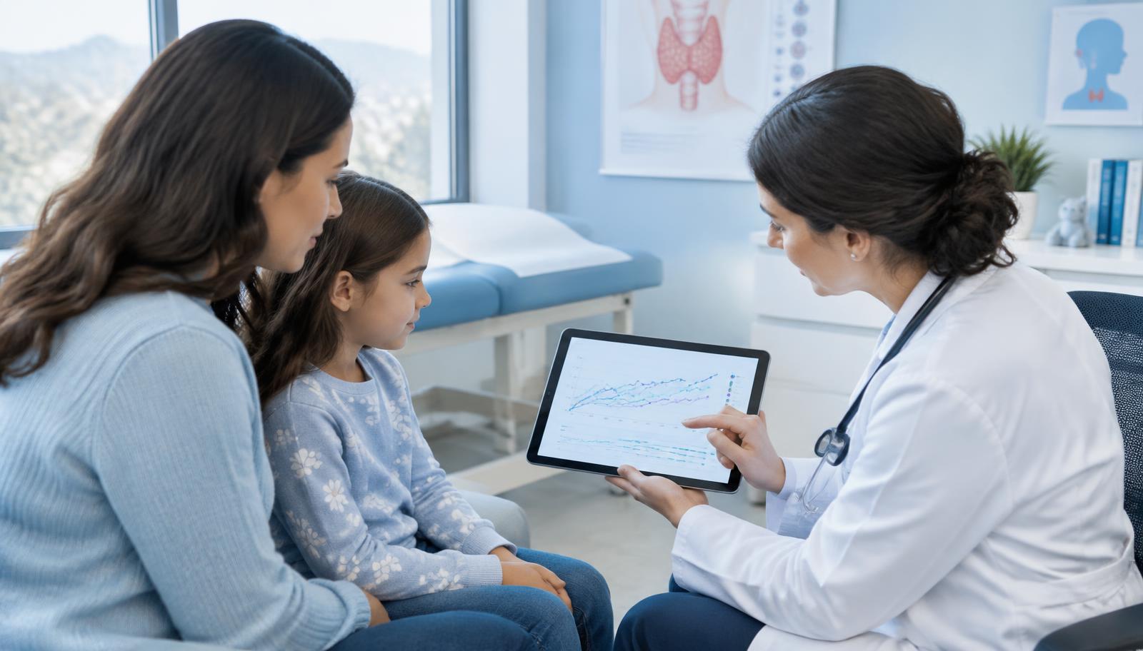 A physician reviews thyroid trend charts on a tablet with a caregiver and child.
