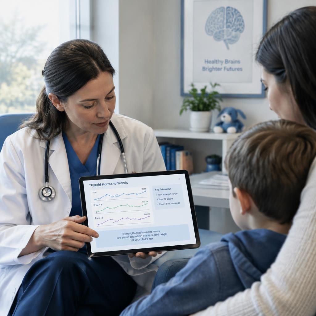 A physician reviews thyroid hormone trend charts on a tablet with a caregiver and child in a calm clinic room.