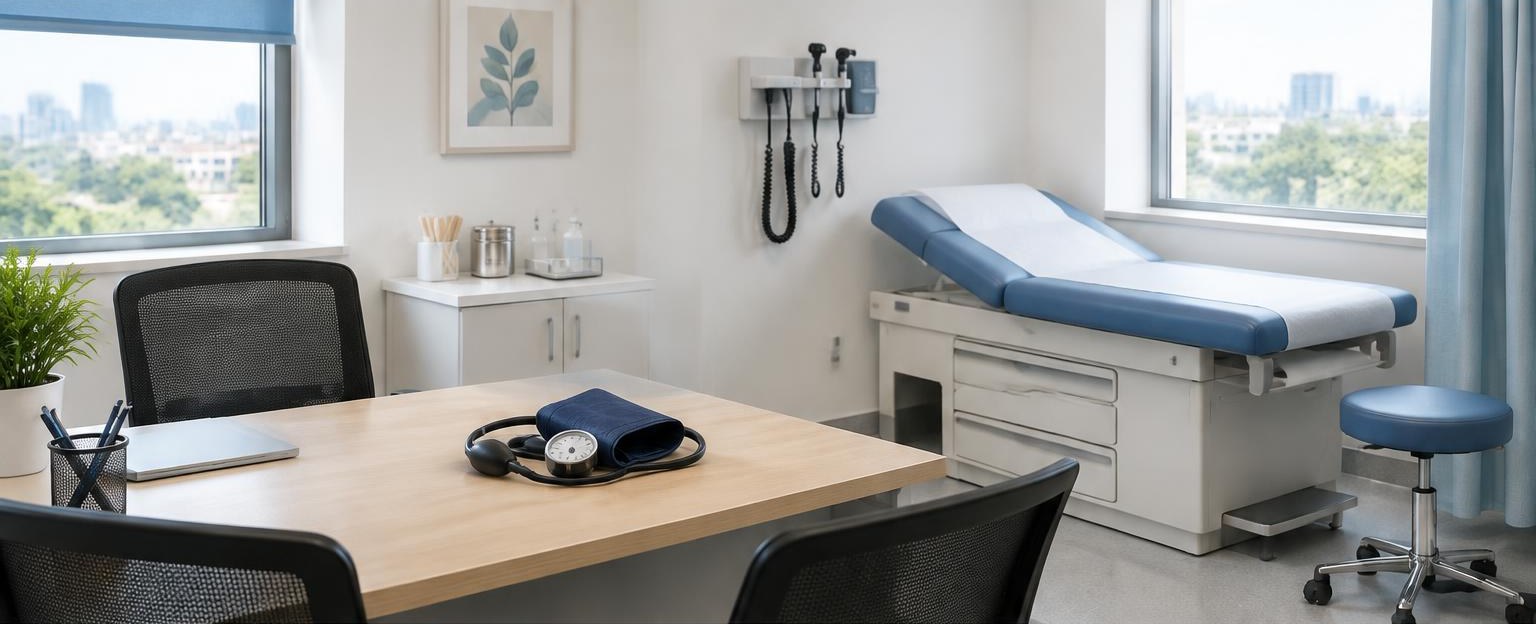 An empty primary-care room has an examination bed and an unused blood pressure cuff on the desk. AI-generated editorial illustration, not an Even Healthcare clinic.