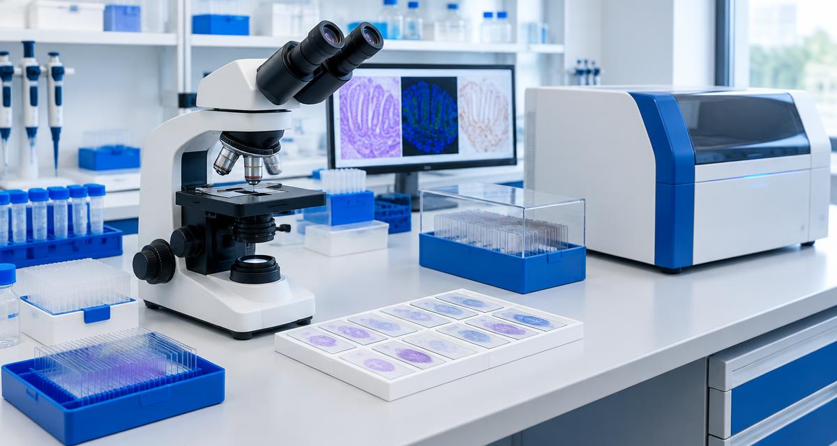 A microscope, glass slides and a closed analytical instrument on a laboratory bench. AI-generated editorial illustration.