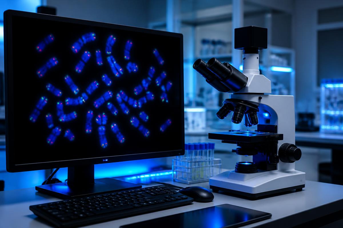 A fluorescence microscopy workstation displays chromosome probe signals used in molecular diagnostics.
