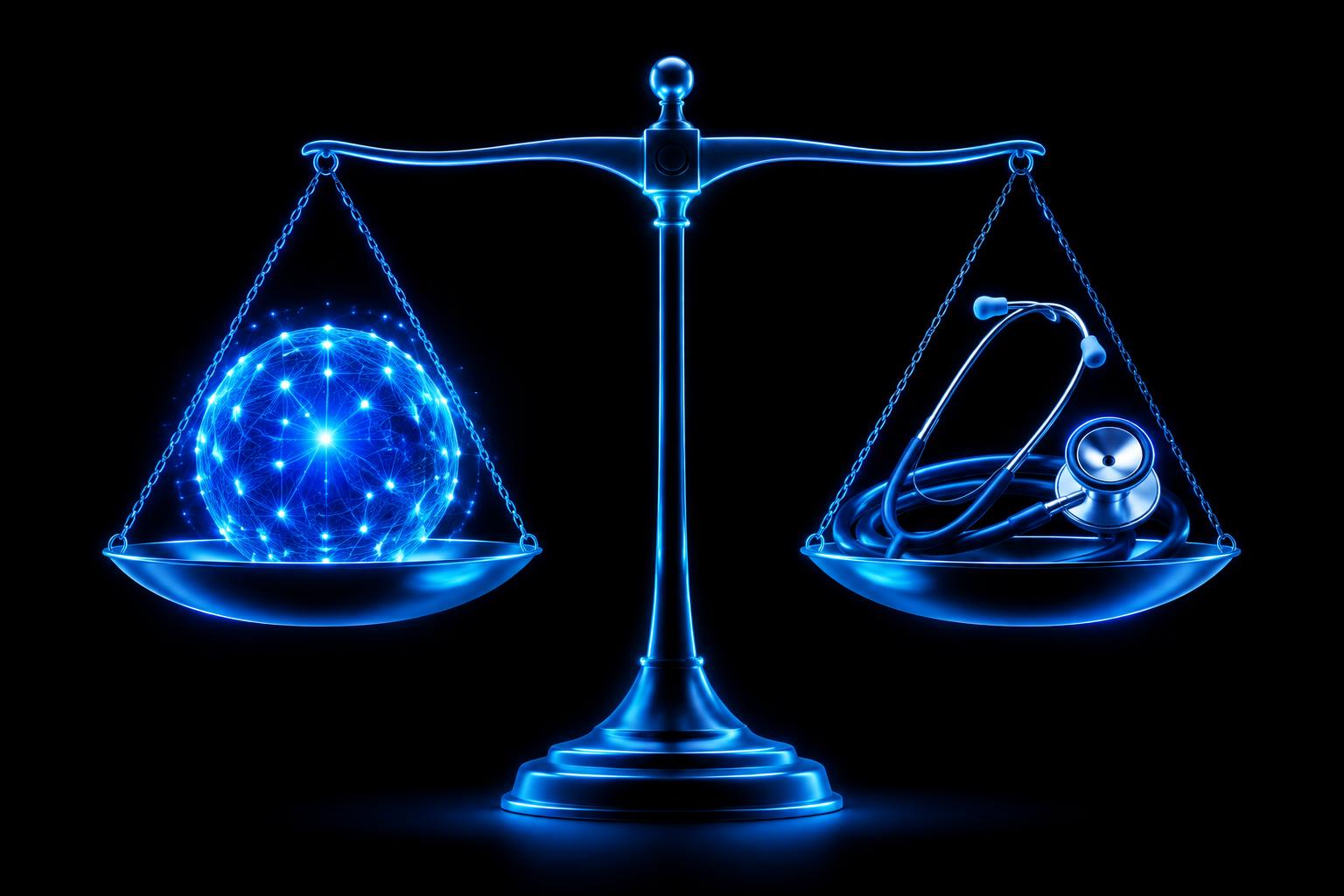 A balance scale weighing AI output against clinical oversight. AI-generated editorial illustration.