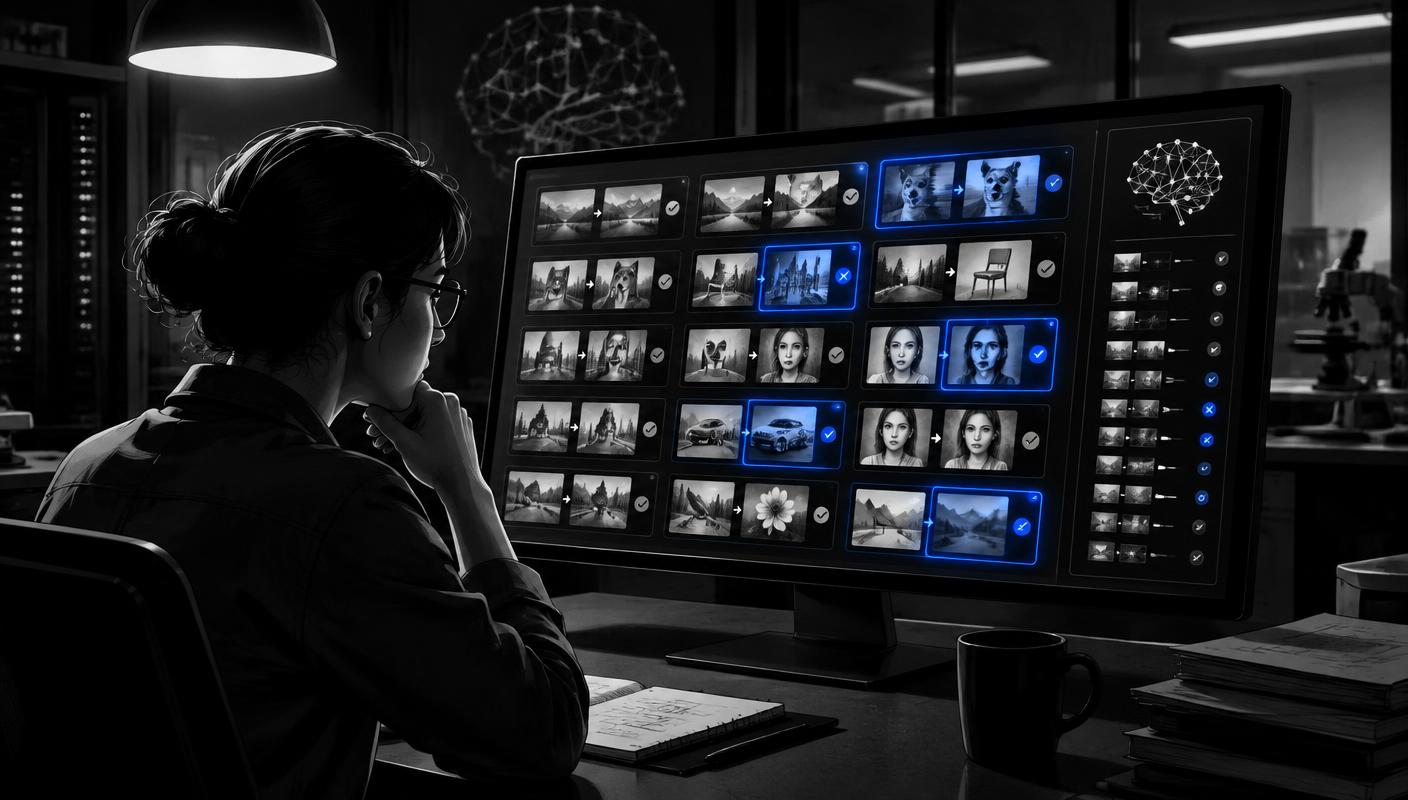 An engineer reviewing a grid of generated test outputs, with flagged cases highlighted in blue. AI-generated editorial illustration.