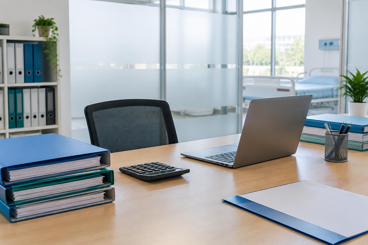 Folders, a calculator and a laptop occupy an administrative desk. AI-generated editorial illustration, not a Midstream or SpendRule customer office.
