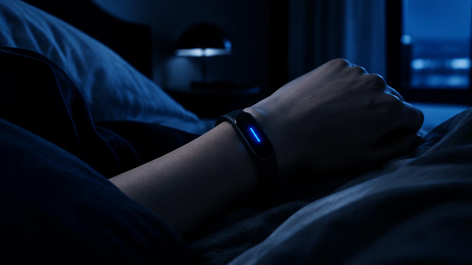 A slim fitness tracker glowing softly on a wrist in a dark bedroom at night. AI-generated editorial illustration.