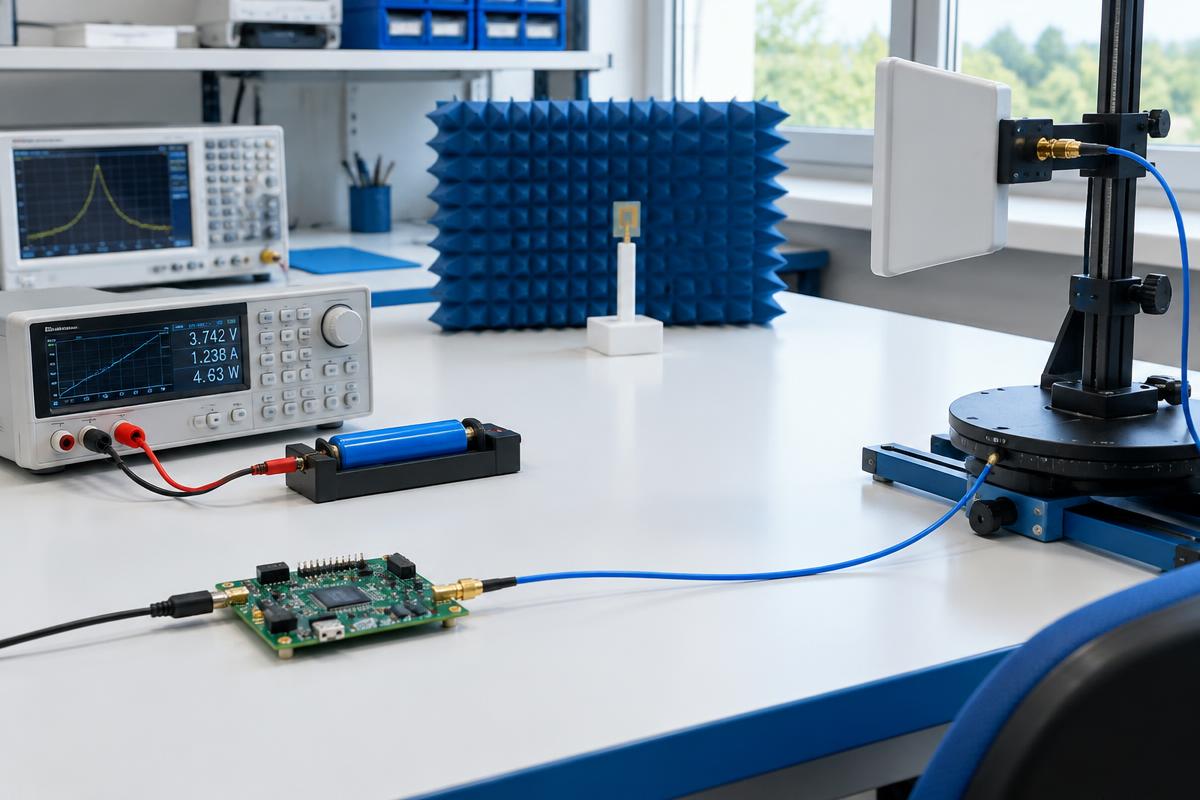 Circuit boards and measurement instruments sit on an electronics-testing bench. AI-generated editorial illustration, not a Freedom device or Senseonics laboratory.
